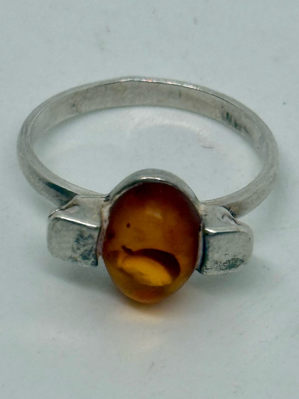 Vintage 925 Sterling Silver Baltic Amber Ring Size 6 Oval Cabochon Modernist